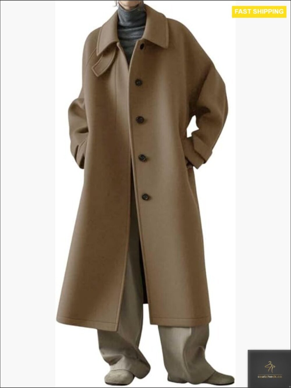 Classic Wool Pea Coat Elegant Business Casual Midi Long Trench Overcoat